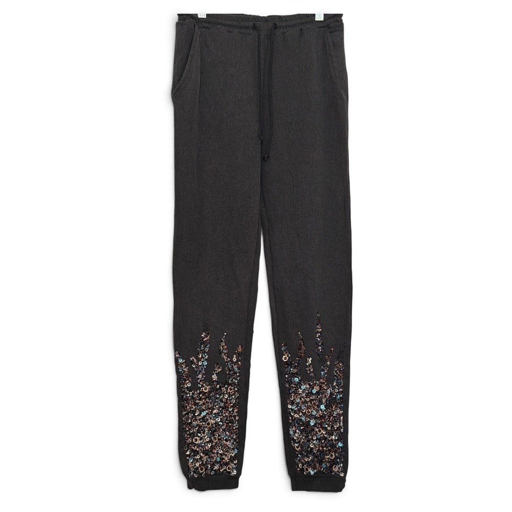 Zara Trafaluc Sequin Flame Embellished Jogger Sweatpants Charcoal Grey Rare S